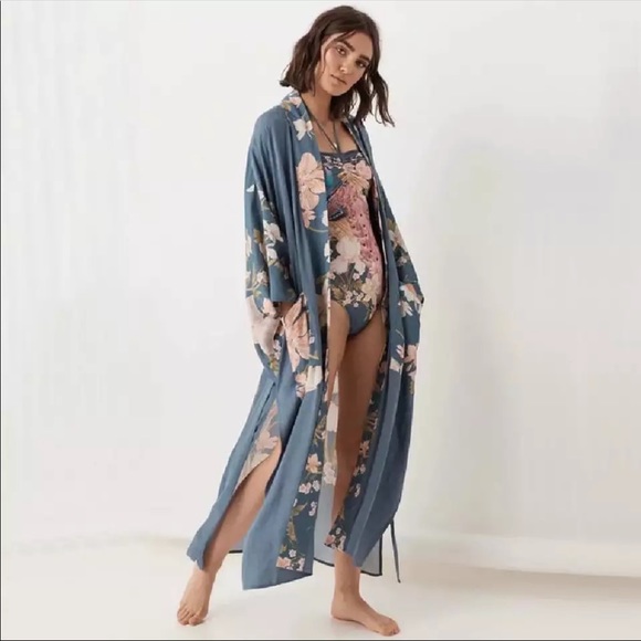 Boho Kimono Floral Bird Print Maxi Gypsy Coverup - Picture 7 of 10